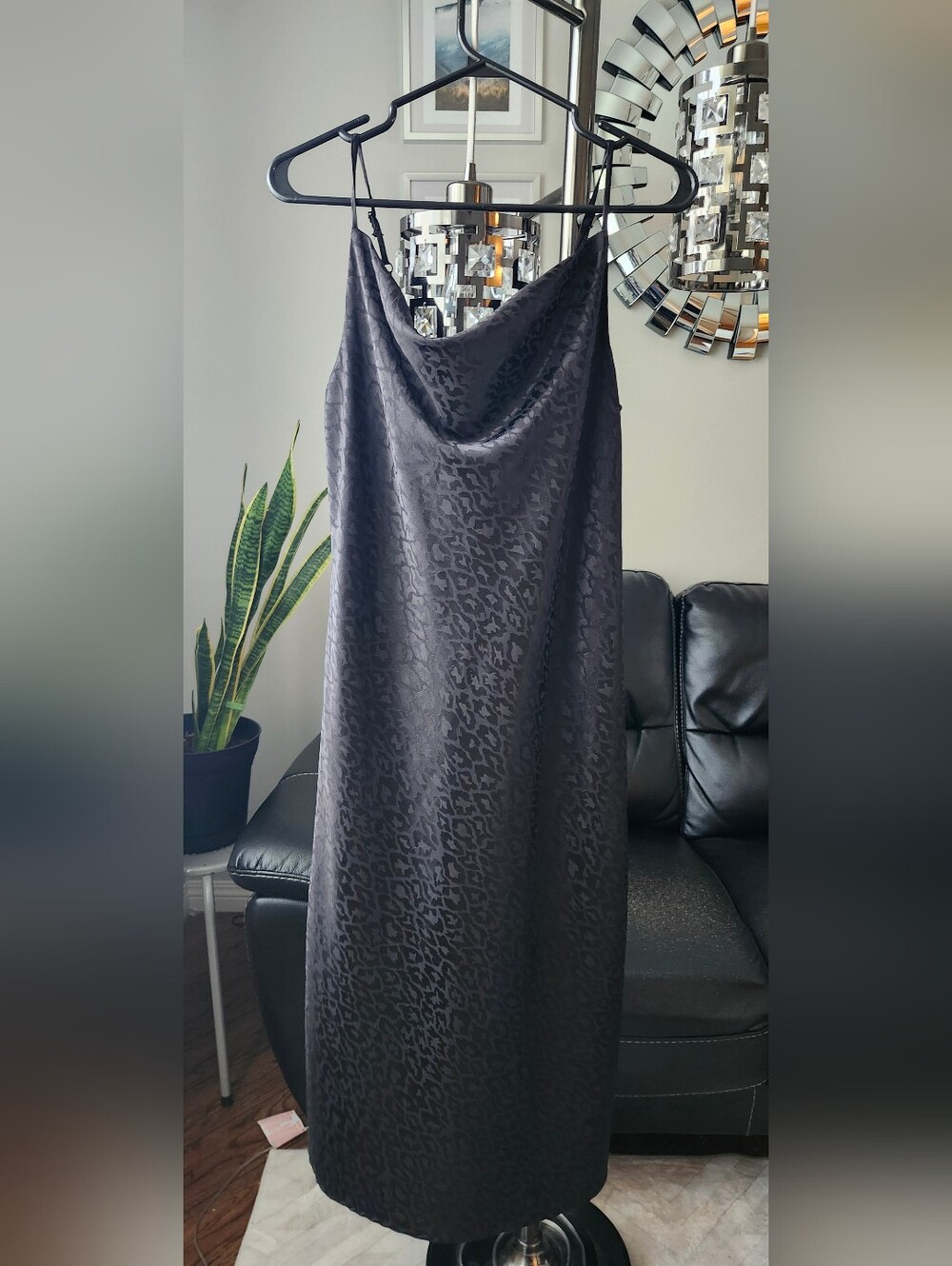 Emma & Michelle Black Satin Leopard-Print Midi Slip Dress